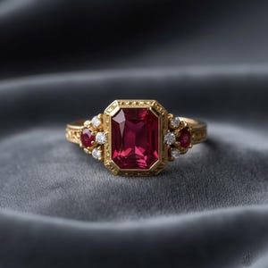 Puede incluir: Un anillo de oro con una gran gema roja rectangular como pieza central. El anillo está adornado con gemas rojas más pequeñas y diamantes blancos. El engaste tiene un diseño vintage ornamentado, sobre una superficie gris.
