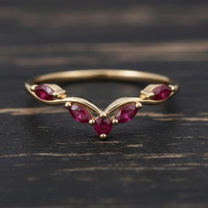 Ruby Wedding Band, 14k V Shape Ring, Marquise Ruby Ring, Minimalist Curved Band, July Birthstone Ring, Christmas Ring, Promise Ring for Her