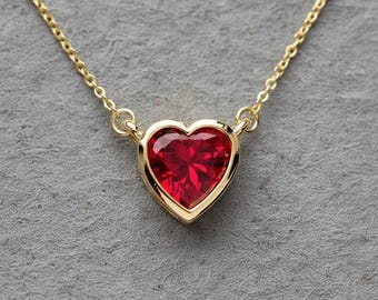 Collar de granate en forma de corazón, collar de oro con gema en forma de corazón, delicado collar de oro para mujer, regalo de San Valentín, joyería con piedra natal de julio, Navidad
