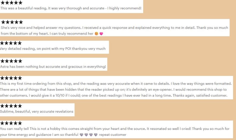 Collage of five star reviews saying Astra is kind and accurate, replies quickly, explains everything in detail, and delivers eye opening readings with great formatting. Several mention being repeat customers.