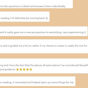 Collage of five star reviews saying Astra is kind and accurate, replies quickly, explains everything in detail, and delivers eye opening readings with great formatting. Several mention being repeat customers.