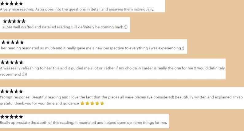 Collage of five star reviews saying Astra is kind and accurate, replies quickly, explains everything in detail, and delivers eye opening readings with great formatting. Several mention being repeat customers.