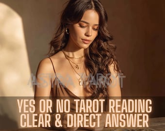 Puede incluir: Una mujer con cabello castaño largo y joyas doradas mira cartas del tarot. La imagen incluye el texto "YES OR NO TAROT READING CLEAR & DIRECT ANSWER DELIVERED IN 24 HOURS". El fondo es de un color cálido y neutro.