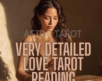 May include: A woman with long brown hair and gold jewelry is looking down at tarot cards on a wooden table. The text on the image reads "ASTRO TAROT VERY DETAILED LOVE TAROT READING".