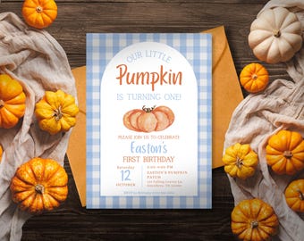 Little Pumpkin 1st Birthday Invitation: Blue Gingham, Fall Party (Editable Template, Digital Download)