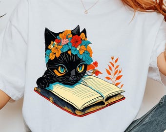 Floral Cat Shirt, Cat Lover T-shirt, Cat Book Shirt, Cat Lover Gift, Gift for Her, Cat Mom Shirt Gift, Cute Cat Shirts, Cute Book Cat Tshirt