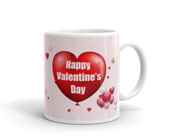 3D Heart Balloon Happy Valentine's Day Mug, Red Graphic Coffee Cup, Anniversary Gift