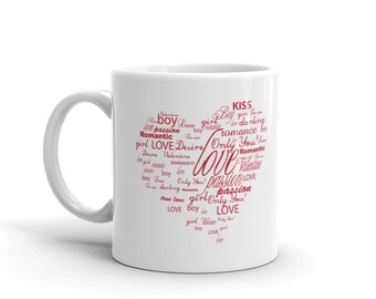 Love Word Cloud Mug - Heart Shape Coffee Cup - Valentine's Day Gift - Romantic Anniversary Present