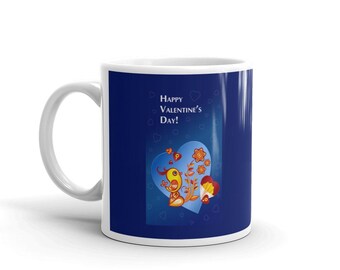 Whimsical Bird & Hearts Happy Valentine's Day Mug, Bird Illustration Coffee Cup, Romantic Gift