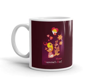 Whimsical Bird & Hearts Happy Valentine's Day Mug, Bird Illustration Coffee Cup, Romantic Gift