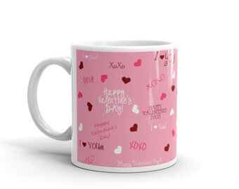Happy Valentine's Day Mug | XOXO & Hearts Pattern Coffee Cup, Office Work Ceramic Mug Gift