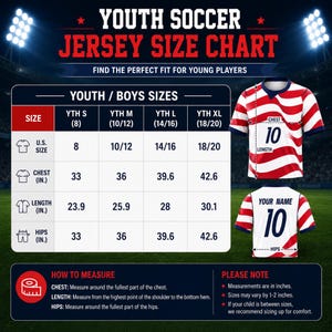 May include: A youth soccer jersey size chart featuring a table with U.S. sizes, chest, length, and hip measurements in inches. The graphic displays a red and white wavy striped jersey with the number 10, showing front and back views for reference.