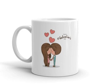 Cartoon Couple Kiss Happy Valentine's Day Mug, Romantic Anniversary Coffee Cup, Gift for Couple