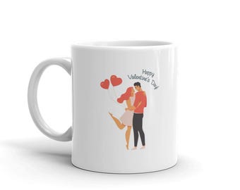 Cartoon Couple Kiss Happy Valentine's Day Mug, Romantic Anniversary Coffee Cup, Gift for Couple