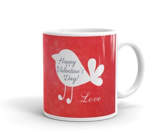 Whimsical Bird & Hearts Happy Valentine's Day Mug, Bird Illustration Coffee Cup, Romantic Gift