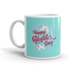 Happy Valentine's Day Teal Blue Mug, Romantic Gift for Her, Wife, Girlfriend, Coffee Cup