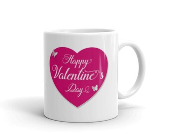 Happy Valentine's Day Pink Heart Mug, Gift for Wife, Girlfriend, Partner, Valentines Coffee Cup