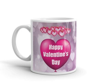 3D Heart Balloon Happy Valentine's Day Mug, Pink Graphic Coffee Cup, Anniversary Gift