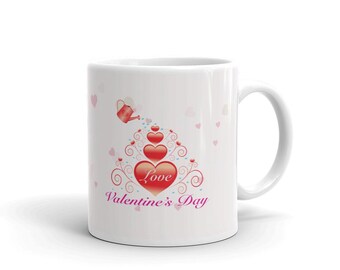 Watering Can Hearts Happy Valentine's Day Mug, Growing Love Graphic Coffee Cup, Romantic Gift
