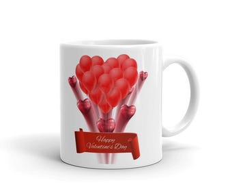 Red Heart Balloons Happy Valentine's Day Mug, Coffee Cup, Valentines Gift  for Partner