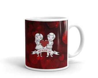 Cartoon Couple Kiss Happy Valentine's Day Mug, Romantic Anniversary Coffee Cup, Gift for Couple