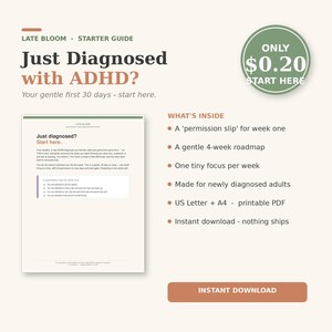 Può includere: Una guida introduttiva digitale intitolata Late Bloom: Just Diagnosed with ADHD? Your gentle first 30 days - start here. Il documento include un modulo di autorizzazione per la prima settimana, una tabella di marcia di 4 settimane e compiti.