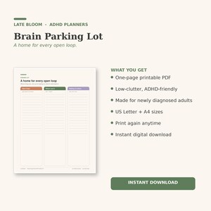Può includere: Una pagina di pianificazione digitale Brain Parking Lot di Late Bloom ADHD Planners. Il documento presenta tre colonne intitolate Open loops, Where I put it e Waiting on others. Include testo su uno spazio per ogni attività aperta.