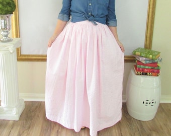 Pink Seersucker Midi Skirt, Mini Skirt or Maxi Ball skirt  full, gathered skirt all sizes custom made to order