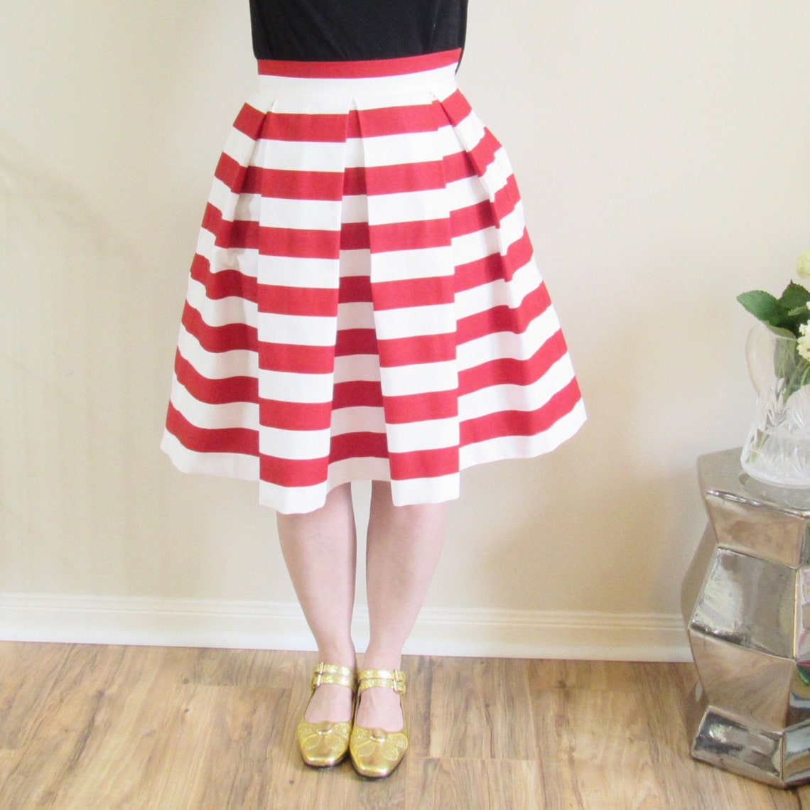 Red and White striped skirt Pleated Full Knee Length Midi Etsy