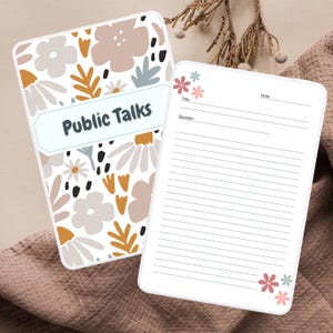 May include: Two notebooks with floral designs. One notebook has the text "Public Talks" on the cover. The other notebook is open, with lines for writing and space for the title, speaker, and date. The notebooks have a white background with floral accents.