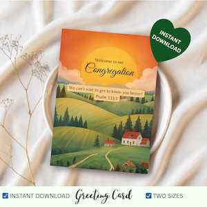 Puede incluir: Tarjeta de felicitación con una ilustración de paisaje de colinas verdes, árboles y casas bajo una puesta de sol. La tarjeta dice "Bienvenido a nuestra Congregación" y "¡Estamos ansiosos por conocerte mejor!" con el Salmo 133:1.