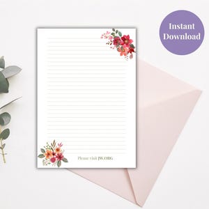 May include: White lined stationery with floral accents in the corners. The top right corner features a cluster of red and pink flowers with green leaves. The bottom left corner has a similar floral arrangement. The text "Please visit JW.ORG" is at the bottom. A purple circle with "Instant Download" is in the top right.