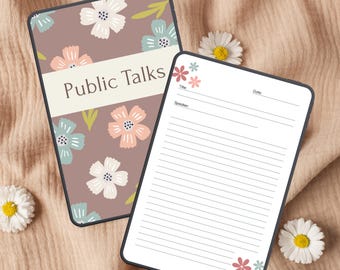 Könnte beinhalten: Zwei Notizbücher mit floralen Mustern. Eines hat den Text "Public Talks" auf einem cremefarbenen Banner. Das andere hat linierte Seiten mit Platz für Titel, Redner und Datum. Gänseblümchen sind um die Notizbücher verstreut.