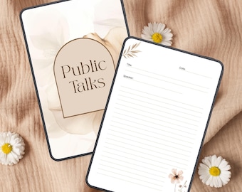Könnte beinhalten: Zwei digitale Tablets mit floralen Designs und den Worten "Public Talks" in einem beigen Bogen. Ein Tablet ist geöffnet und zeigt Linien für Notizen, das andere zeigt den Titel. Gänseblümchen sind um die Tablets verstreut.
