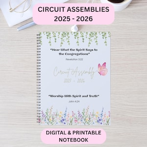 Puede incluir: Un cuaderno con espiral con el texto "Circuit Assemblies 2025-2026" y "Digital & Printable Notebook". La portada presenta ilustraciones florales, una mariposa y citas inspiradoras.