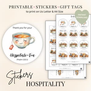 May include: Printable stickers and gift tags featuring a watercolor illustration of a smiling teacup with the text "Hospitali-Tea." The design includes the phrase "Thank you for your" and is available for instant download.