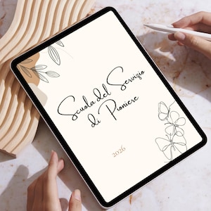 May include: A digital tablet displaying a cream-colored screen with the text "Scuola del Servizio Di Pioniere" and the year "2026". The screen features minimalist line art of leaves and butterflies. The tablet is held by hands, with a stylus visible.