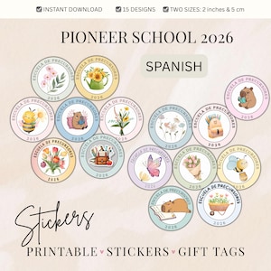 May include: A collection of round stickers with floral, animal, and school-themed designs. The stickers are labeled "Escuela de Precursores 2026" and are available in two sizes: 2 inches and 5 cm. The word "Stickers" is written in cursive.