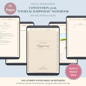 Op de afbeelding: Een digitaal notitieboek met de tekst "Eternal Happiness" en "Convention 2026" weergegeven op een tabletscherm. Het notitieboek heeft 91 pagina's en is een PDF-bestand. De afbeelding bevat ook een bonus sticker vel.