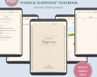 Digital hyperlinked JW convention notebook 2026. 91-page Eternal Happiness planner with tabs, notes, memories & goals. Instant PDF download
