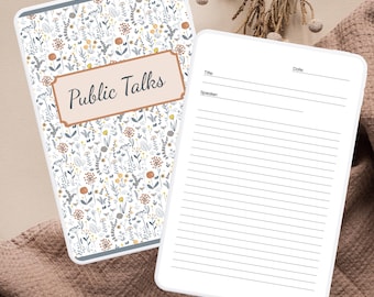 Könnte beinhalten: Ein Notizbuch mit floralem Muster auf dem Einband und den Worten "Public Talks" in einem braunen rechteckigen Rahmen. Das Notizbuch ist auf einer leeren Seite mit Linien für Notizen geöffnet. Der Einband hat einen hellblauen Rand.