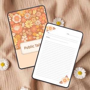 Op de afbeelding: Twee digitale notitieblokken. Eén notitieblok heeft een bloemenpatroon in oranje, geel en wit, met de tekst "Public Talk". Het andere notitieblok is blanco met lijnen voor notities, en ruimte voor titel, spreker en datum.