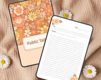 Könnte beinhalten: Zwei digitale Notizblöcke. Einer mit einem Blumenmuster in Orange, Gelb und Weiß mit dem Text "Public Talk". Der andere ist ein liniertes Notizbuch mit Platz für Titel, Redner und Datum.