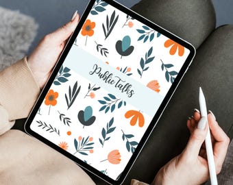 Könnte beinhalten: Ein Tablet mit einem floralen Muster mit orangefarbenen und türkisfarbenen Blumen und grünen Blättern auf weißem Hintergrund. Der Text "Public Talks" wird auf einem hellblauen Banner angezeigt. Ein weißer Stift wird in der Hand gehalten.