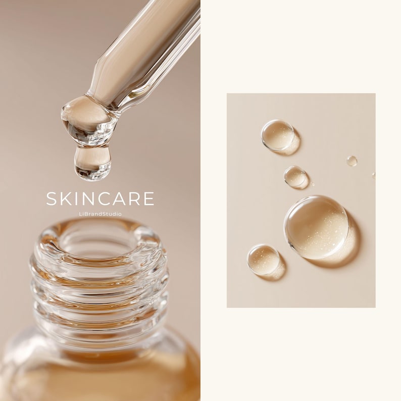 May include: Close-up of a skincare product bottle with a dropper dispensing liquid. The word "SKINCARE" is displayed in white text. Several clear liquid droplets are visible, suggesting a serum or oil.