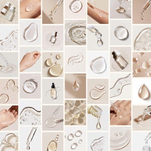 May include: A collage of skincare product images. The images show clear serums, droplets, and bottles with droppers. Some images show the serum on skin, while others show the serum in a clear liquid form.