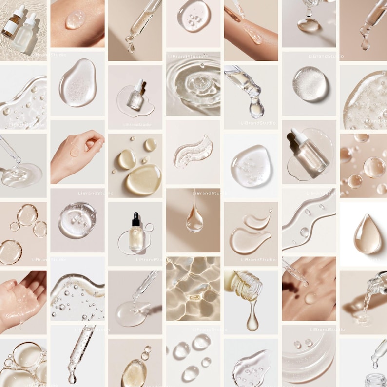 May include: A collage of skincare product images. The images show clear serums, droplets, and bottles with droppers. Some images show the serum on skin, while others show the serum in a clear liquid form.