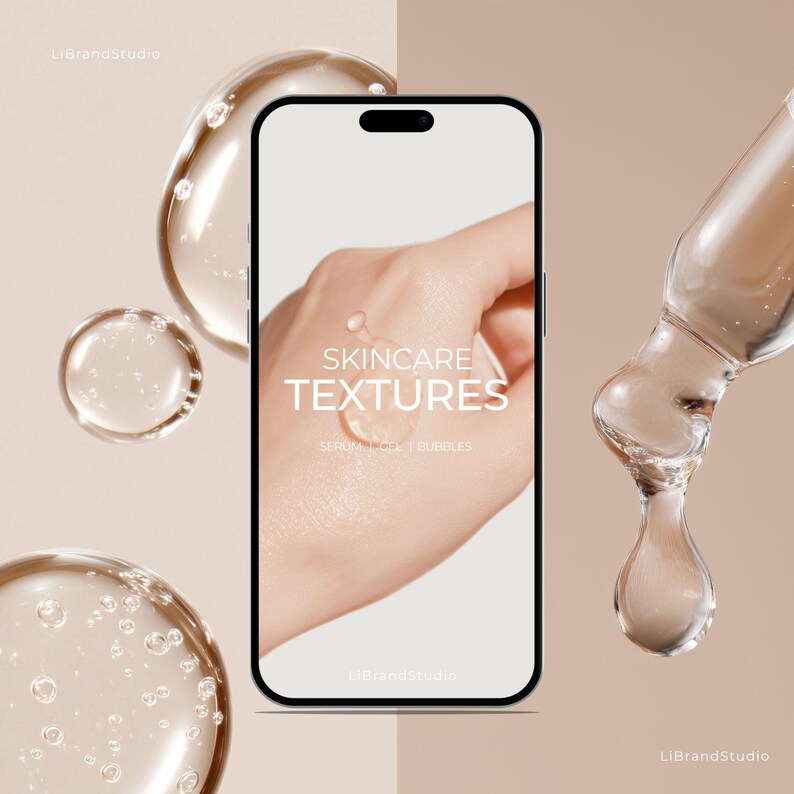 May include: A digital display of a hand with skincare serum droplets, with the text "SKINCARE TEXTURES" and "SERUM GEL / BUBBLES". The image also features serum droplets and a dropper against a neutral background.