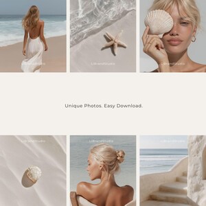 May include: A collection of beach-themed photos featuring a woman in a white dress, seashells, a starfish, and a woman holding a seashell. The images have a soft, natural aesthetic with a focus on light and texture.