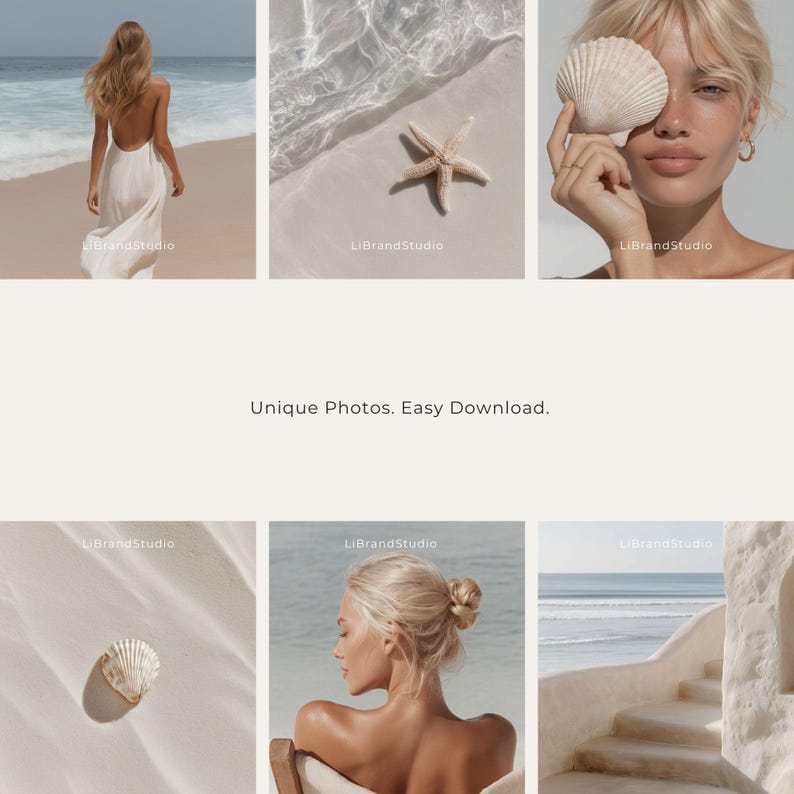 May include: A collection of beach-themed photos featuring a woman in a white dress, seashells, a starfish, and a woman holding a seashell. The images have a soft, natural aesthetic with a focus on light and texture.